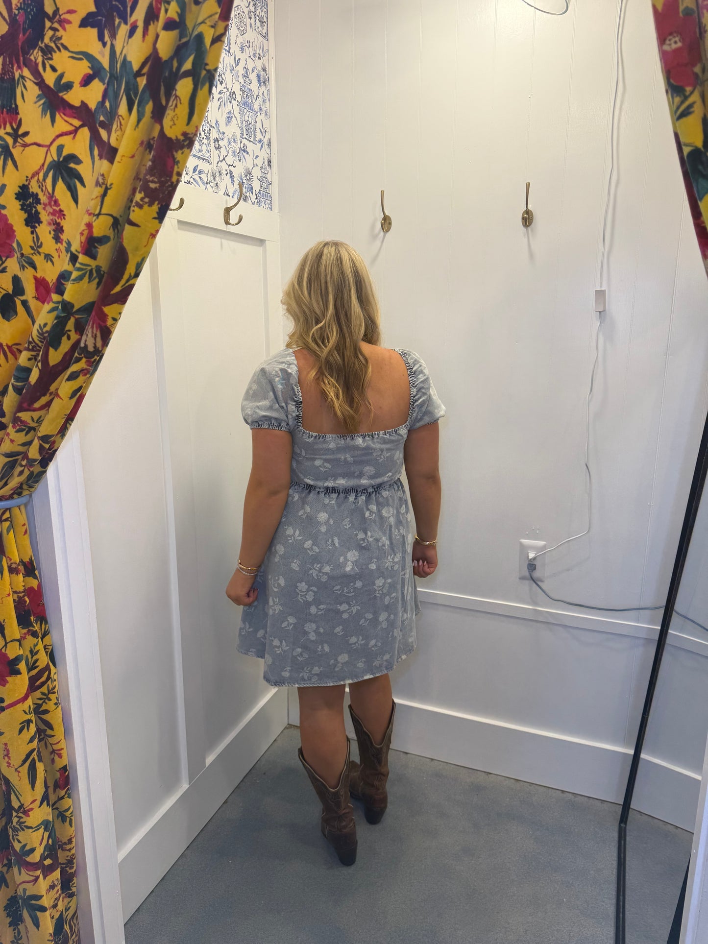 FLORAL WASHED DENIM SHORT PUFF SLEEVE MINI DRESS