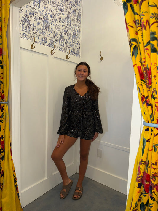 Sequined V Neck Wrapped Long Sleeve Romper