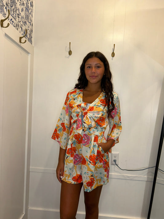 Blooming Floral Print Front Tie Romper