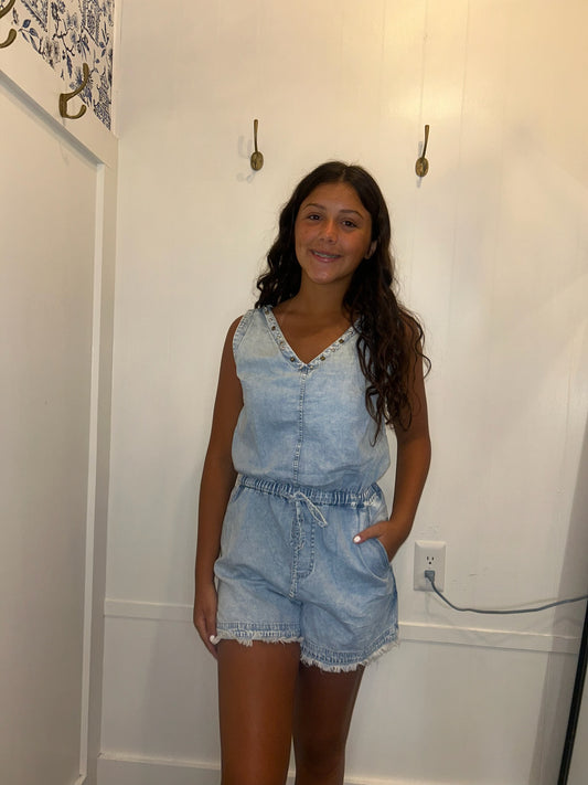 Studded V Neck Raw Hem Sleeveless Denim Romper