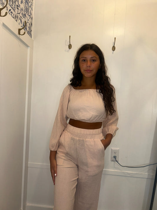 Long Puff Sleeve High Waist Crinkle Two Piece Set
