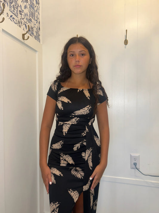 Pattern Print Off Shoulder Slit Bodycon Midi Dress