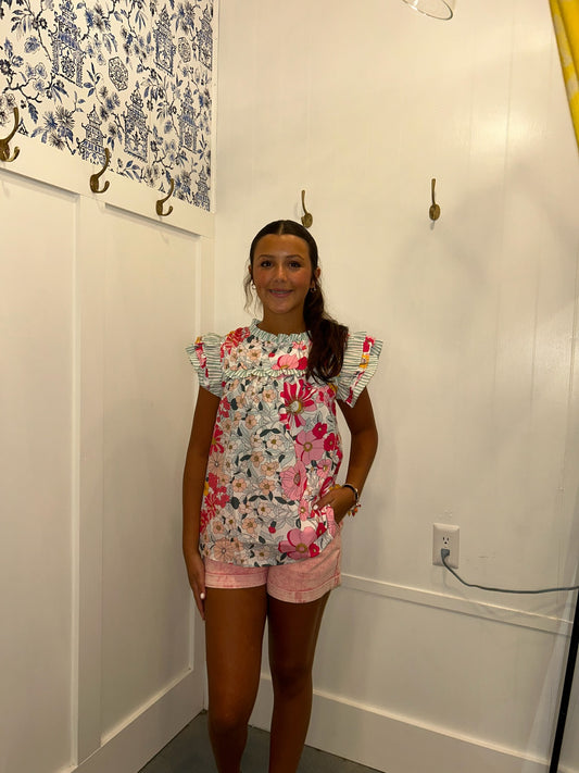 Floral Print Contrast Ruffle Trim Short Sleeve Blouse