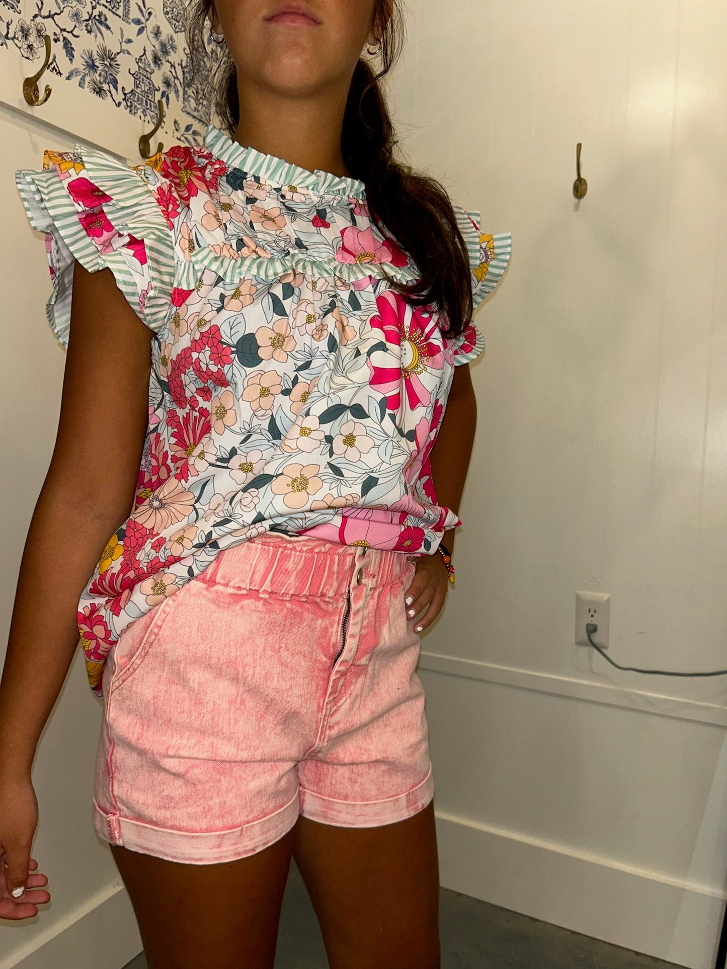 Floral Print Contrast Ruffle Trim Short Sleeve Blouse