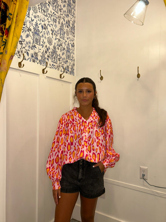 Oversized Leopard Print Balloon Sleeve Casual Shirt