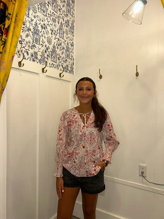 Vintage Boho Print Shirred Cuffs Blouse
