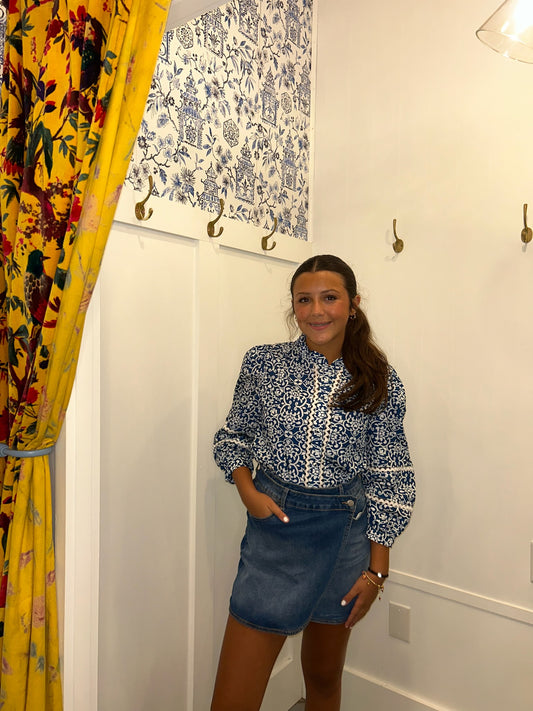 Floral Ric-rac Patchwork Button Loose Fit Shirt