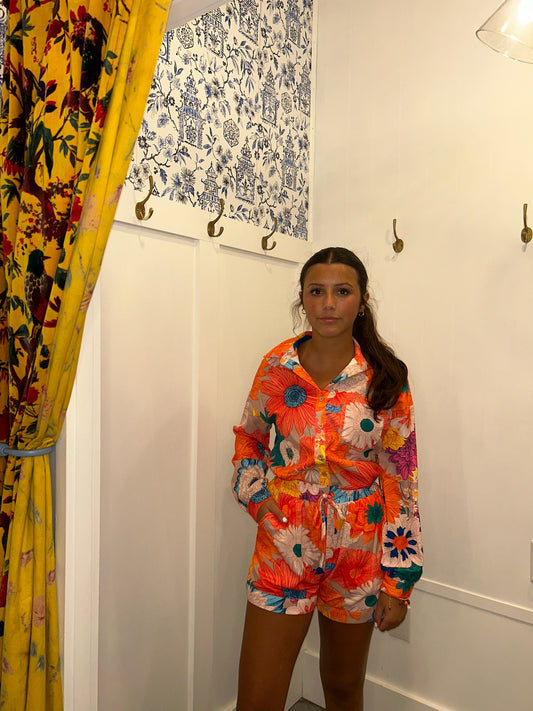 Floral Printed Shirt Two Piece Drawstring Shorts Set