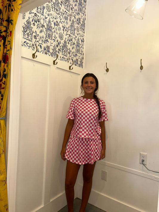 Checkerboard T Shirt and High Waist Skorts 2 Piece Outfit