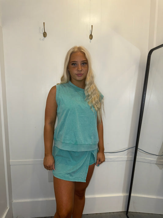 2 Pieces Mineral Wash Cotton Tank Top Lined Split Skirt Set (Sold as Separates)