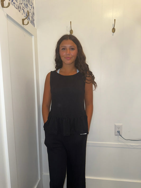 Solid Color Ribbed Ruffle Tank Top and Pants Set (Sold as Separates)