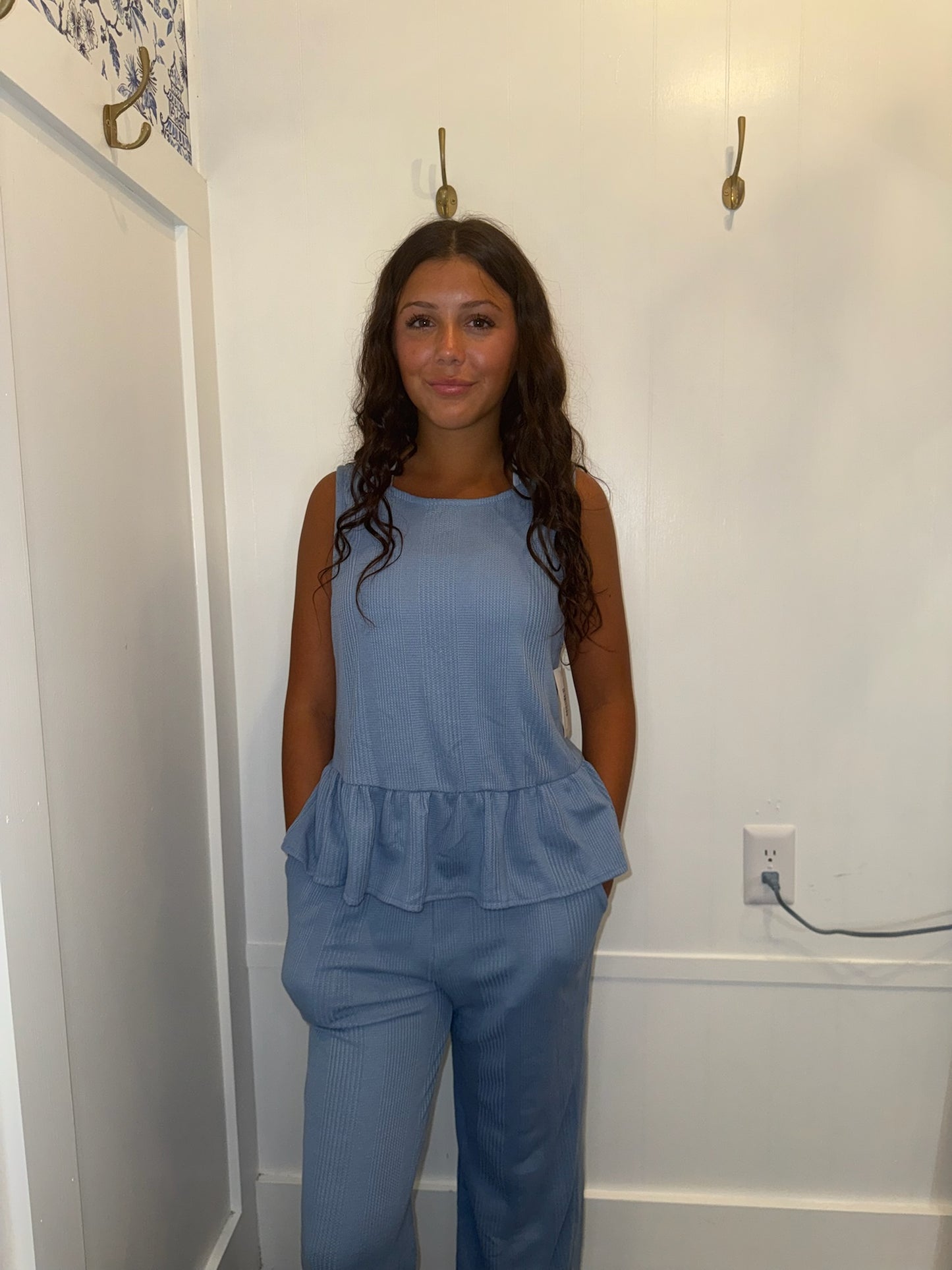 Solid Color Ribbed Ruffle Tank Top and Pants Set (Sold as Separates)