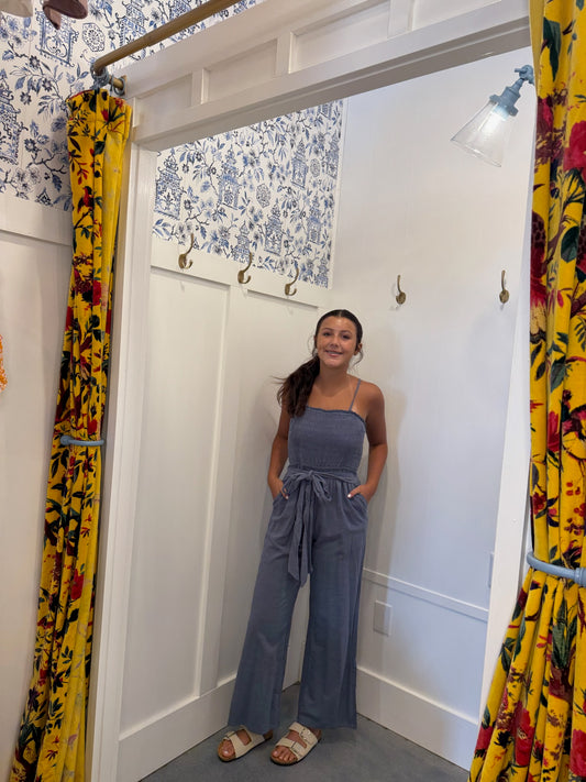 Smocked Spaghetti Straps Tied Back Wide Leg Jumpsuit
