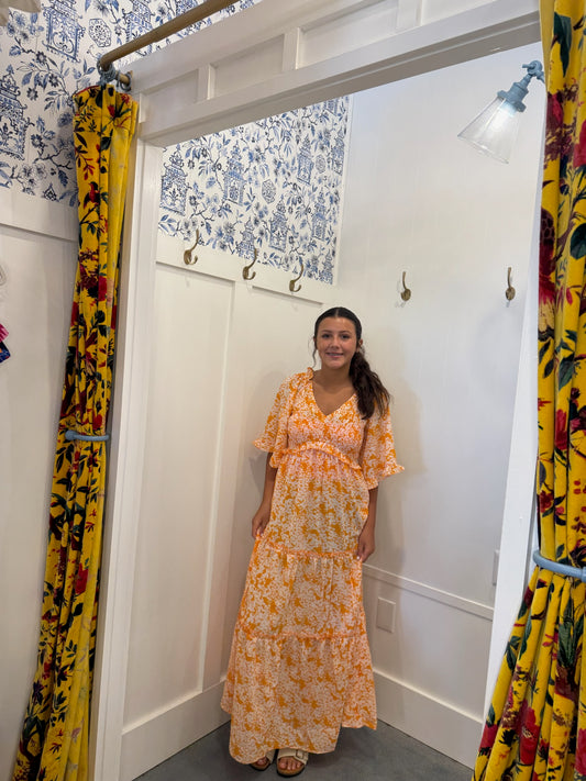 Floral Print Smocked V Neck Wide Sleeve Maxi Dress