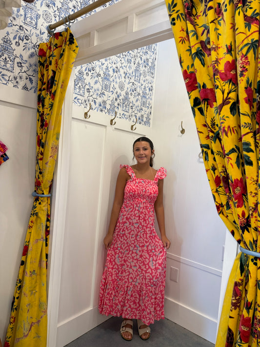 Leopard Ruffle Straps Smocked High Waist Long Dress