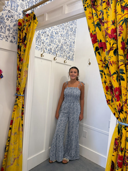 Thin Straps Smocked Bodice Wide Leg Floral Jumpsuit