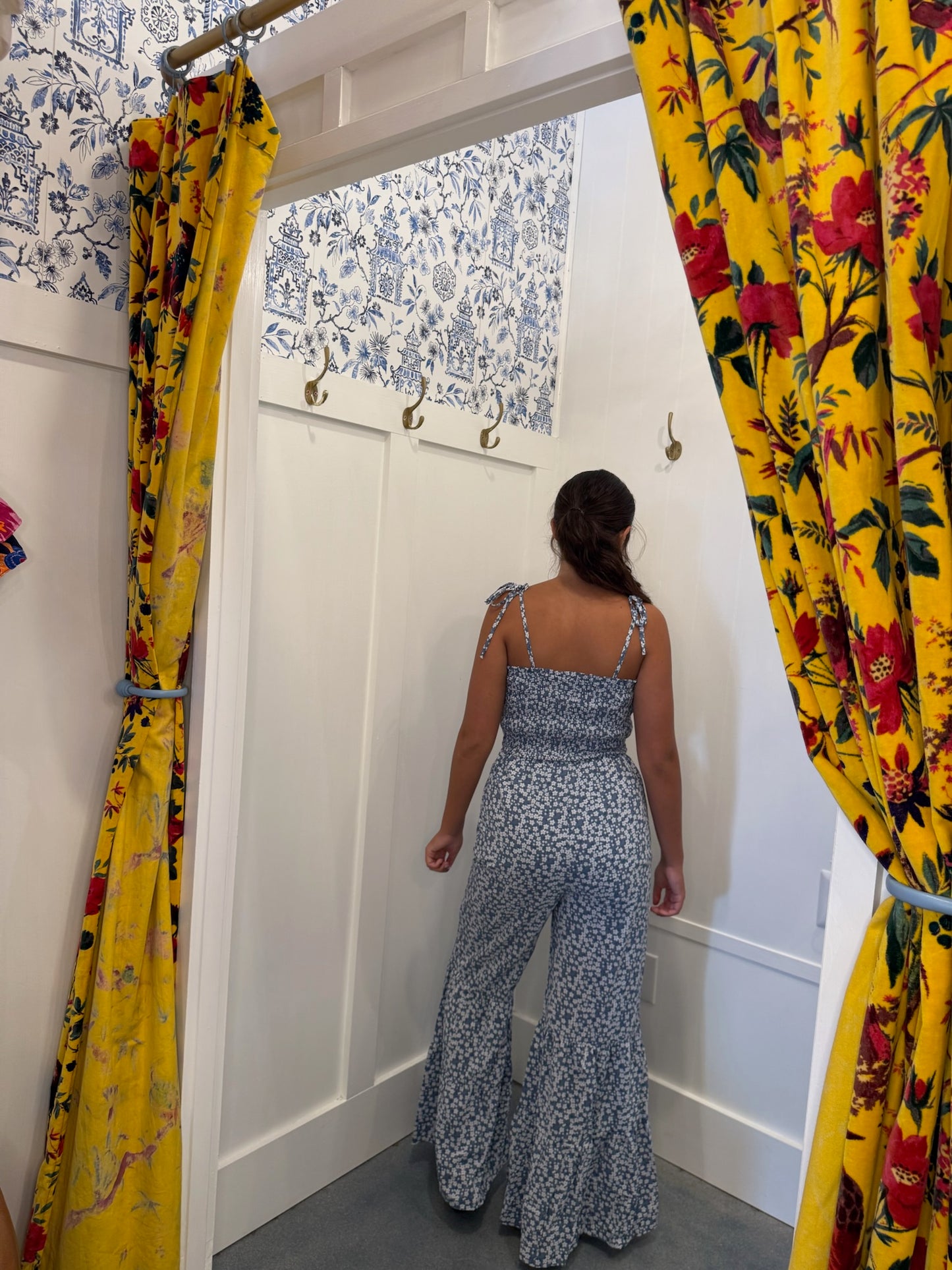 Thin Straps Smocked Bodice Wide Leg Floral Jumpsuit