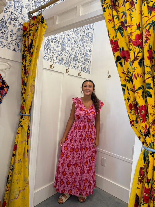 Retro Twisted Front Ruffled Sleeve Maxi Dress