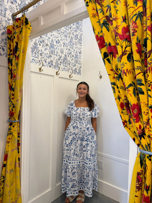 Floral Print Square Neck Bubble Sleeve High Waist Maxi Dress