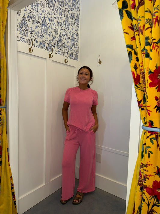 Solid Corded Knit Short Sleeve T Shirt and Wide Leg Pants Set (Sold as Separates)