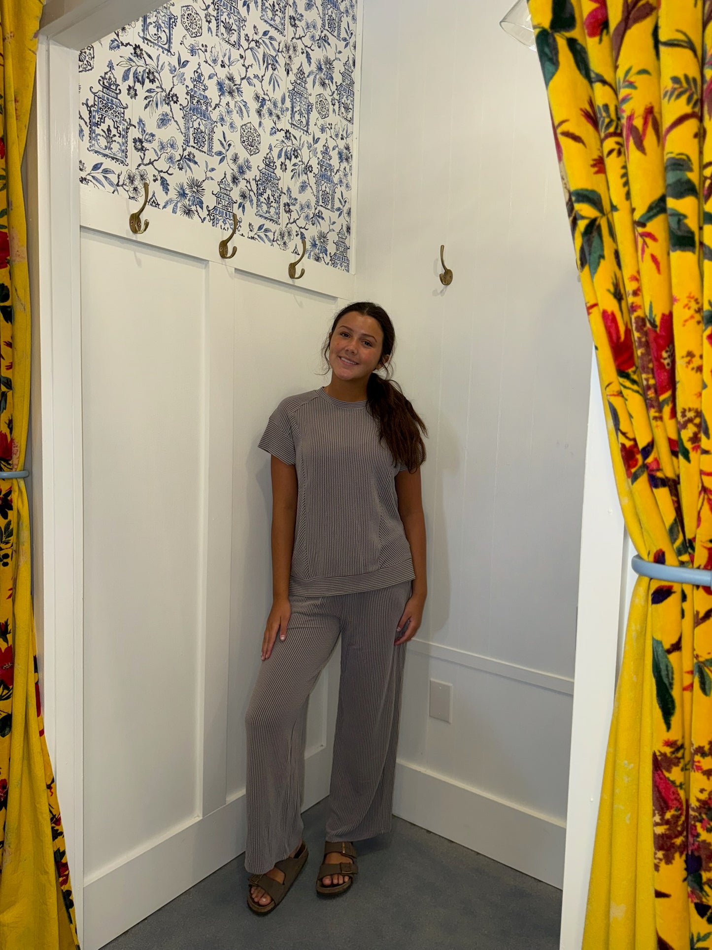 Solid Corded Knit Short Sleeve T Shirt and Wide Leg Pants Set (Sold as Separates)