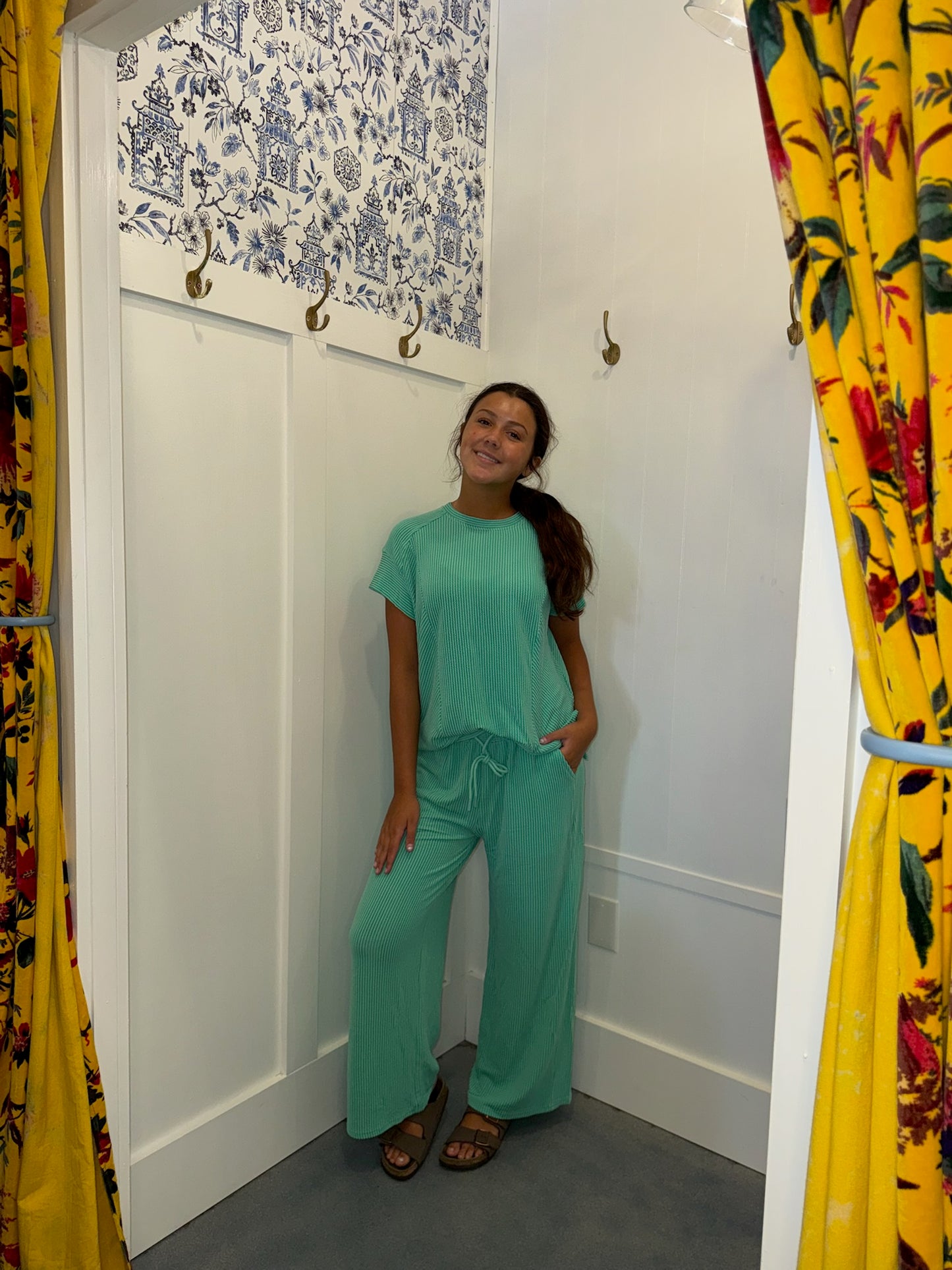Solid Corded Knit Short Sleeve T Shirt and Wide Leg Pants Set (Sold as Separates)