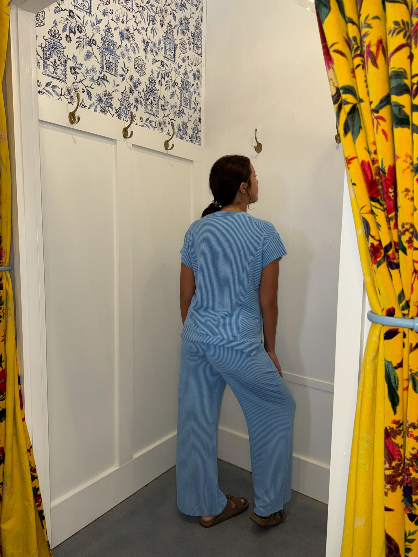Solid Corded Knit Short Sleeve T Shirt and Wide Leg Pants Set (Sold as Separates)