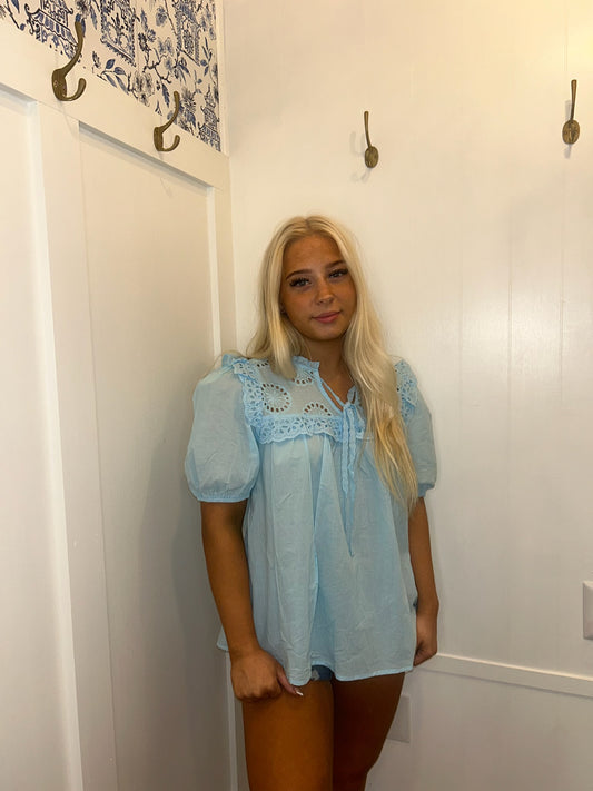 Embroidered Lace Patchwork Tie Neck Puff Short Sleeve Blouse