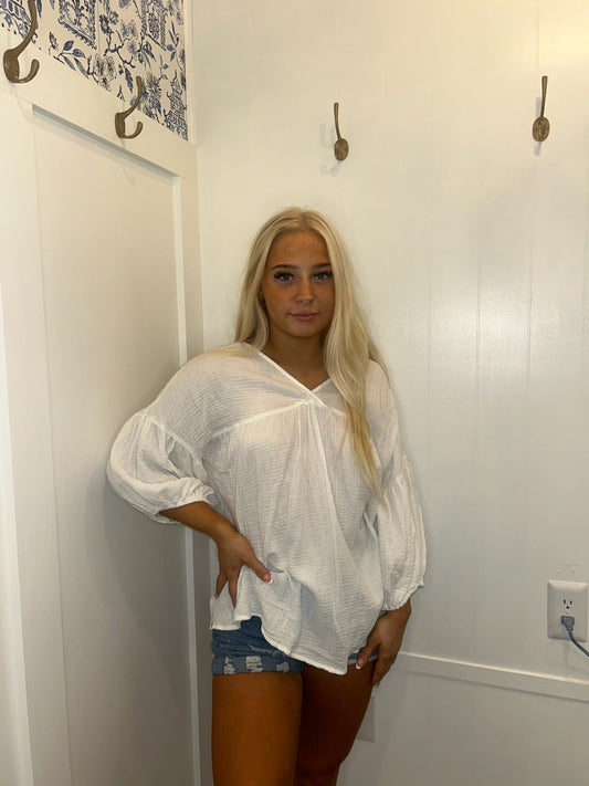 Textured V Neck Bracelet Sleeve Babydoll Blouse