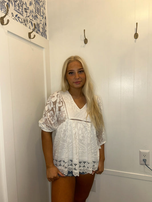 Lace Crochet Hollowed Scallop Hem V Neck Blouse