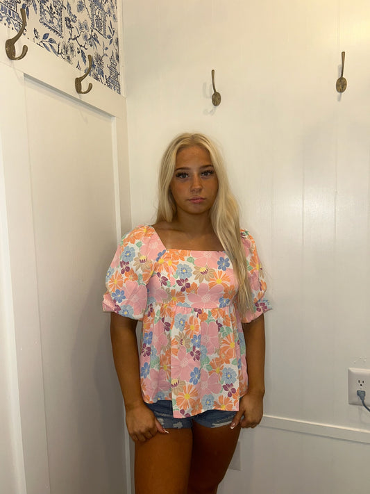 Floral Puff Sleeve Square Neck Babydoll Blouse