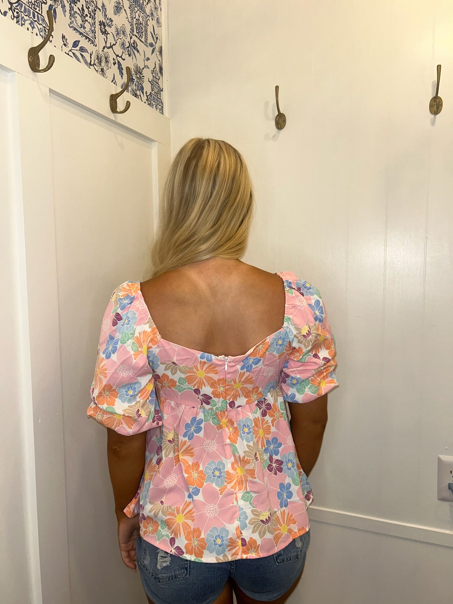 Floral Puff Sleeve Square Neck Babydoll Blouse