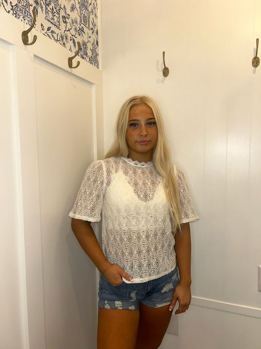 Short Sleeve Keyhole Back Lace Blouse
