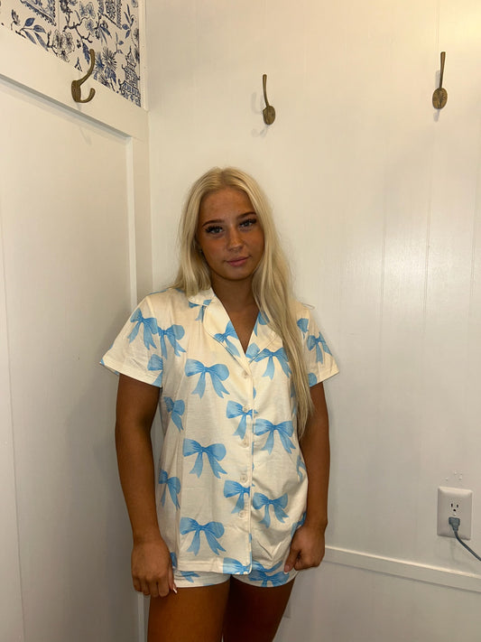 Bow Printed Short Sleeve Shirt Shorts Pajama Set