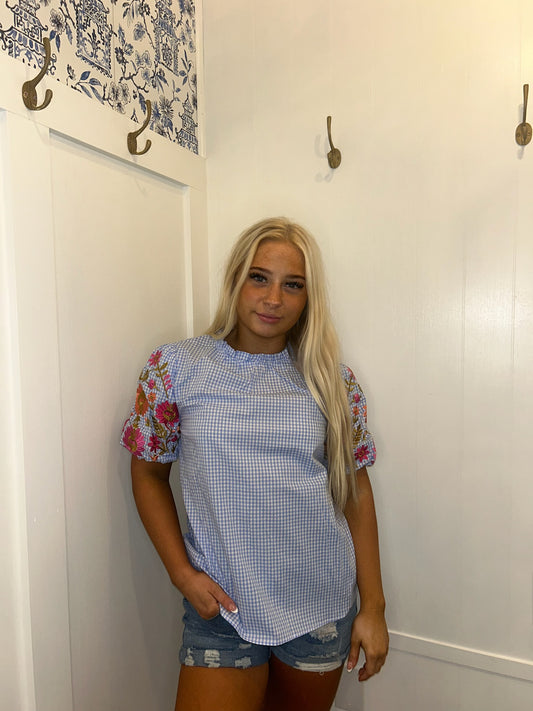 Gingham Floral Embroidered Puff Sleeve Blouse