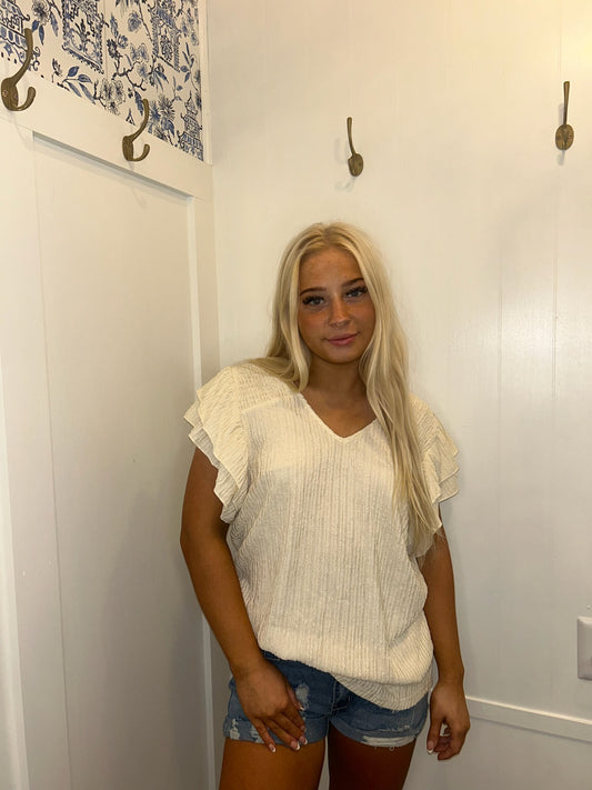 Crinkle Textured V Neck Flutter Sleeve Top