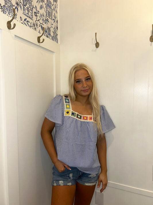 Textured Ruffle Short Sleeve Boho Detail Square Neck Blouse