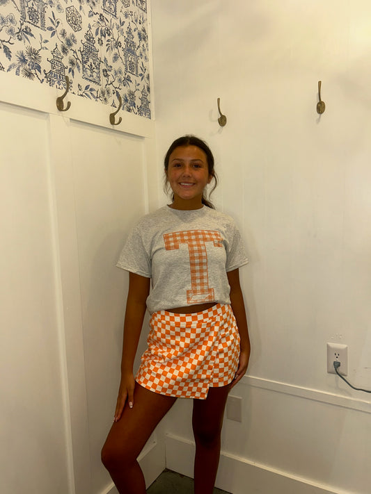 GAME DAY CHECKERED OVERLAY WRAP FRONT MINI SKORT