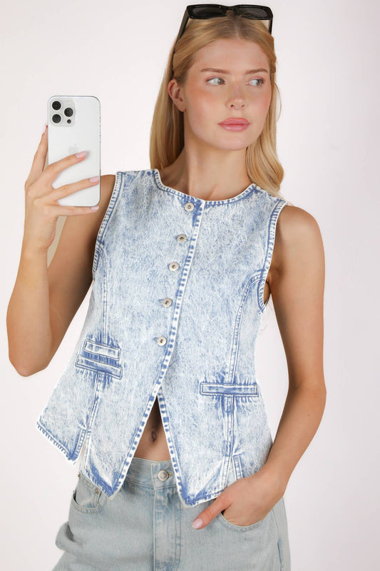 VERY JEAN Acid Washed Denim Causal Vest