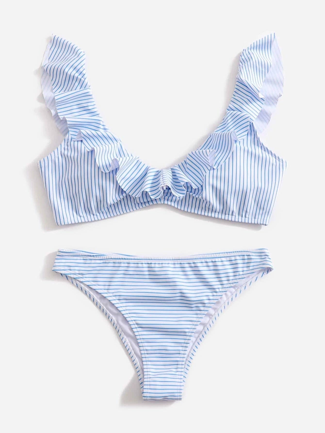 2PCS Striped Flounce V-Neck Swimwear (Sold as Separates)