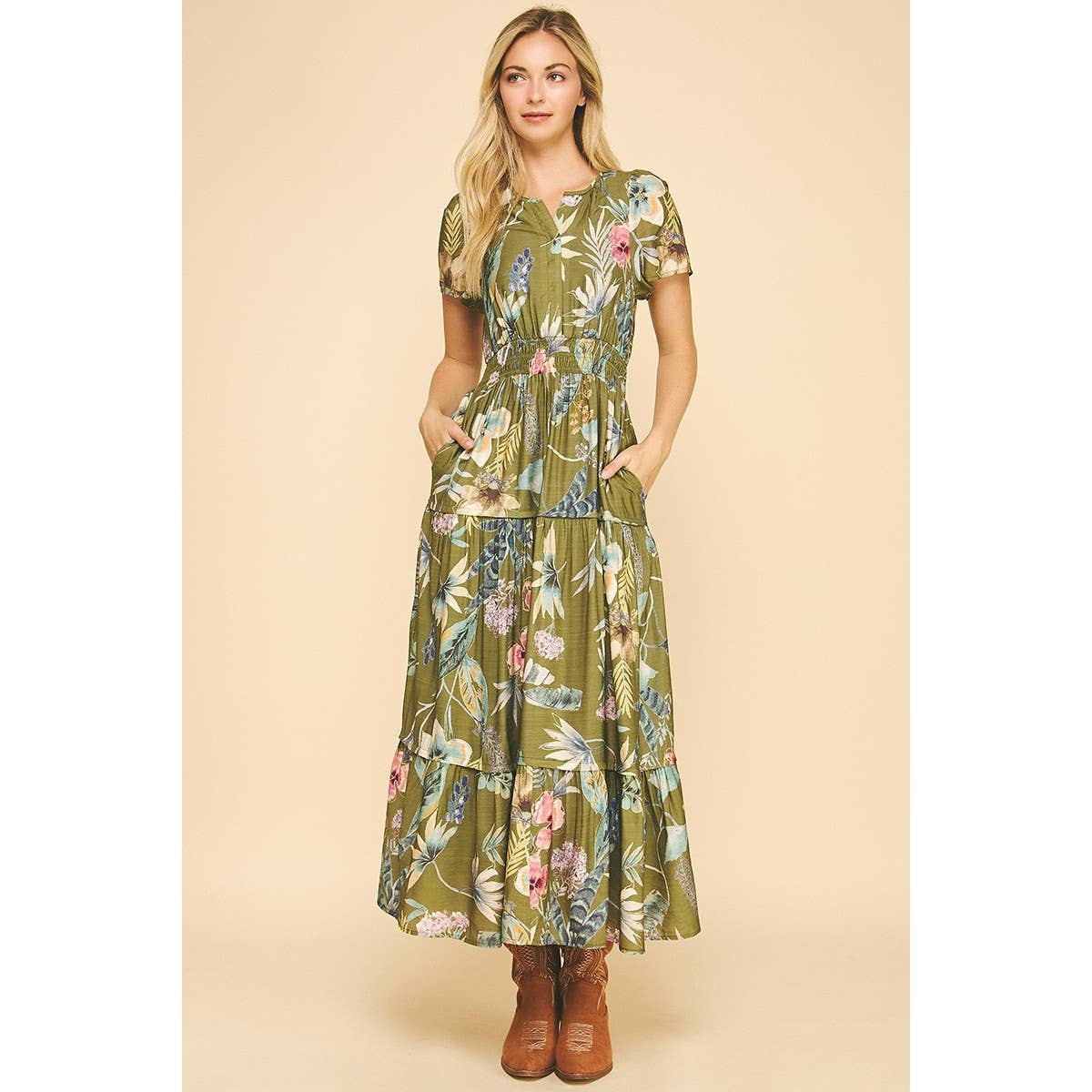 Floral Print Split Neck Tiered Maxi Dress