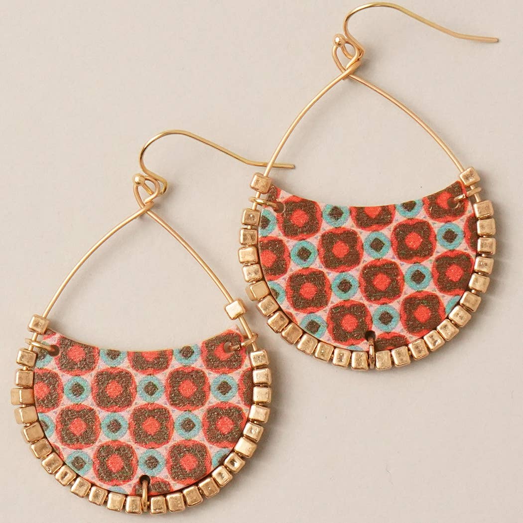 Floral Teardrop Wood Hook Dangle Drop Earring