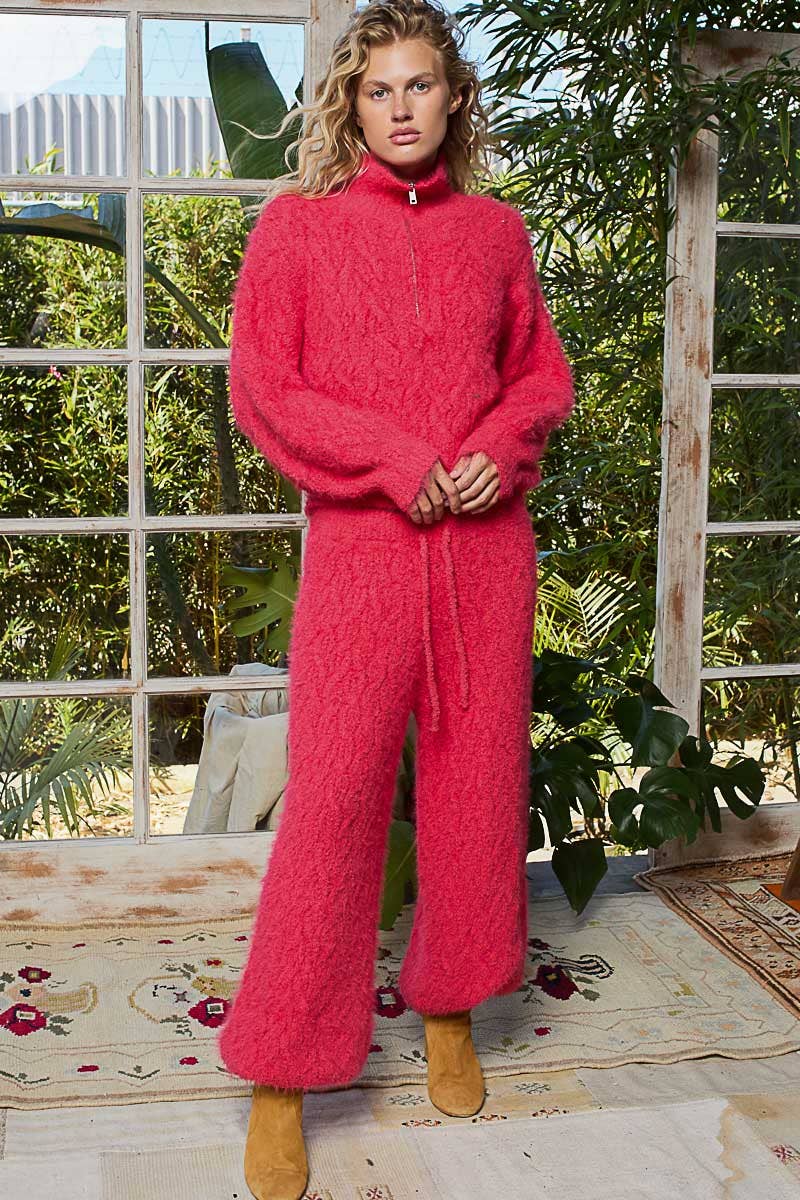 Solid Pattern Relaxed Fit Berber Sweater Pants