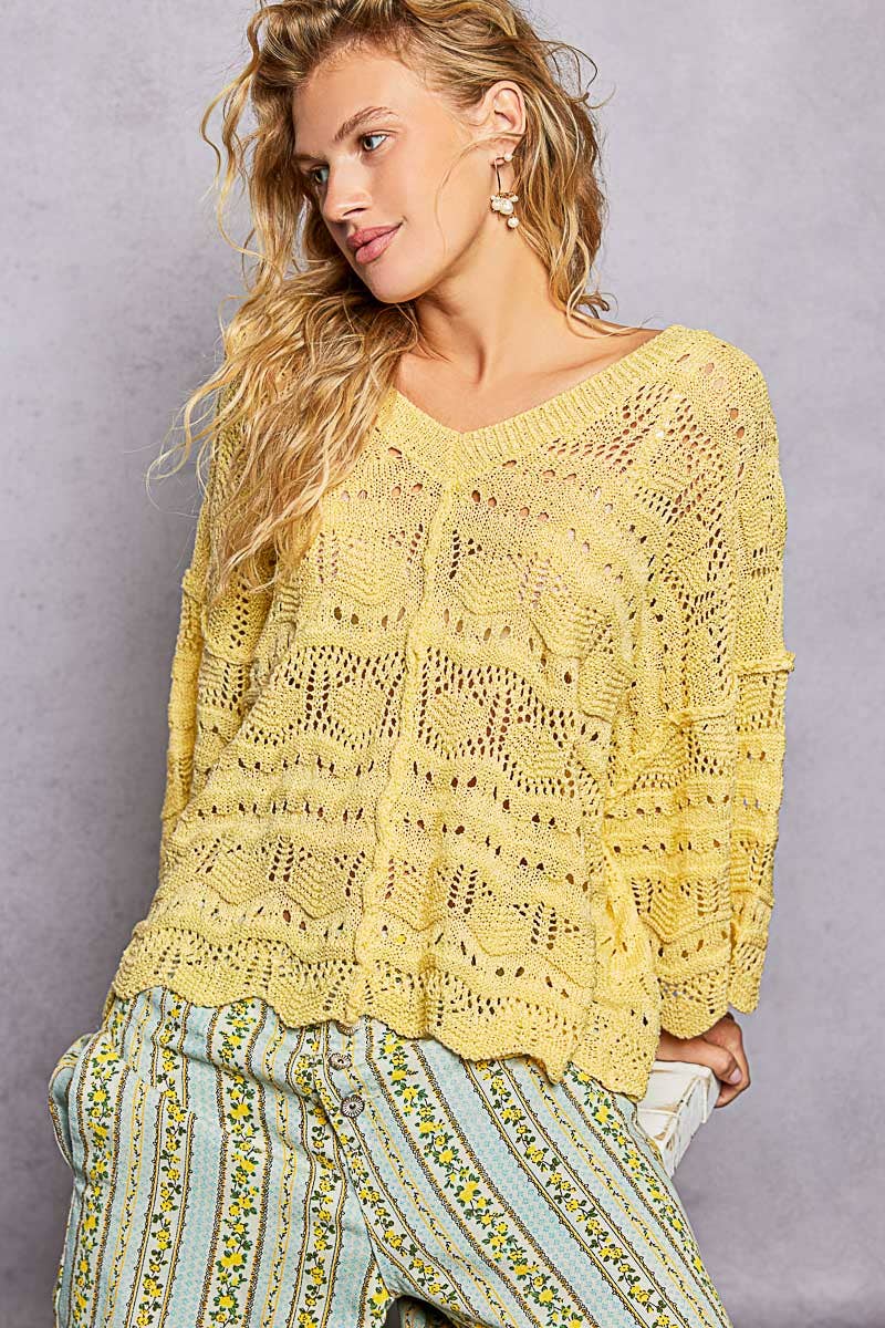 Open Knit V-Neck Oversized Short Sleeve Sweater Top