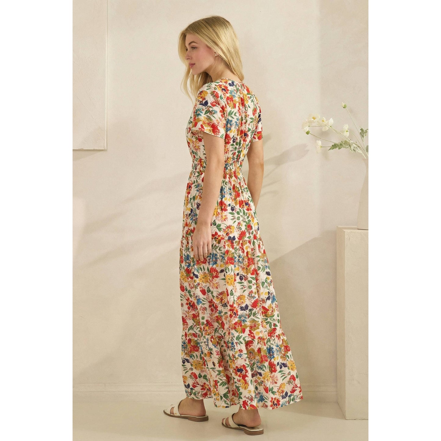 Floral Printed Smocked Short Sleeve Maxi Dress