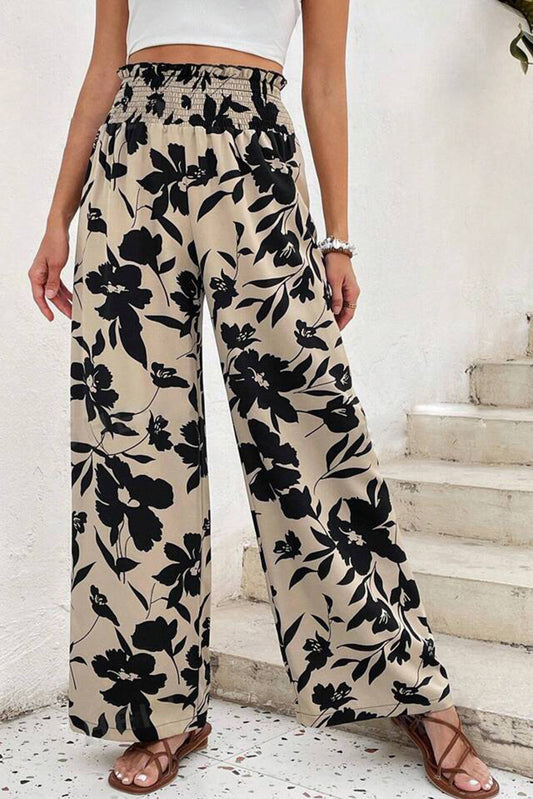 Floral Print Smocked High Waist Wide Leg Pants