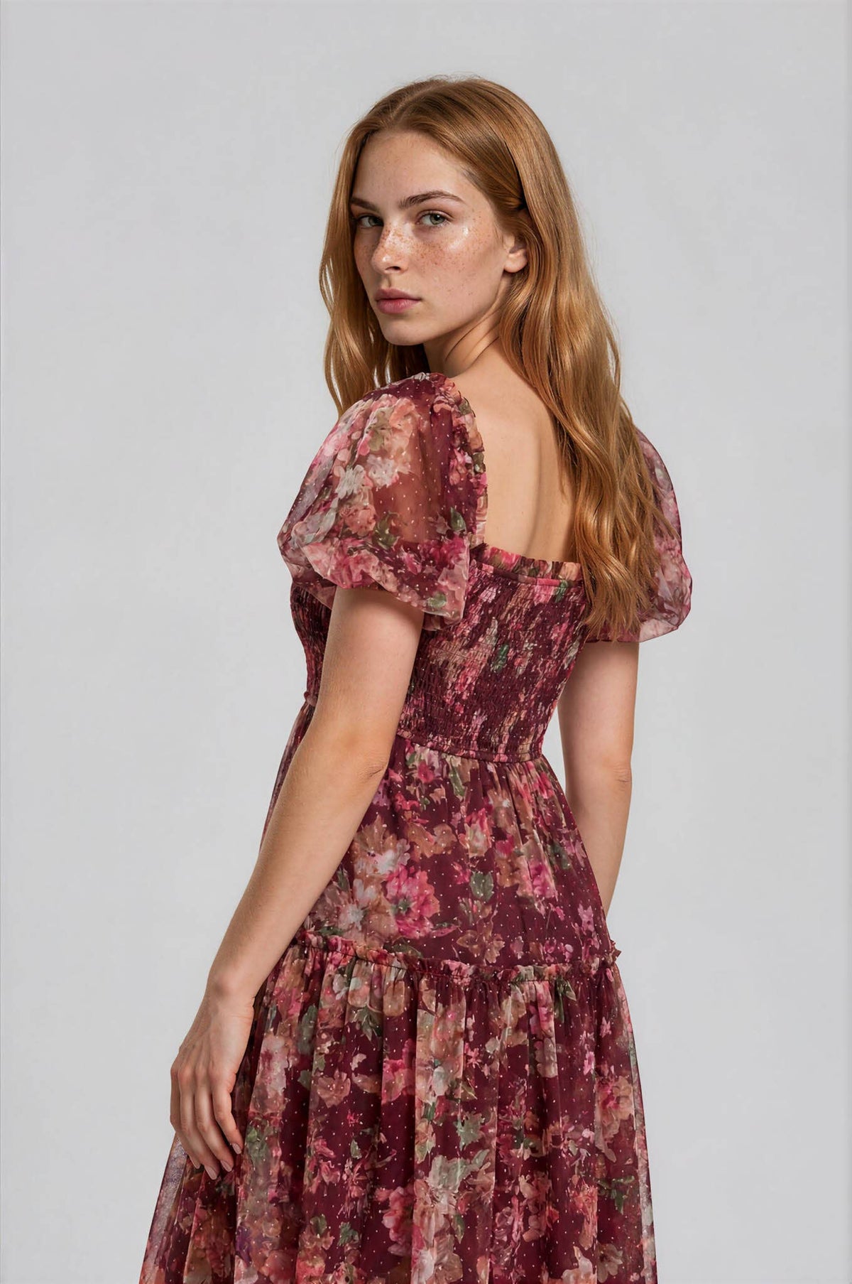 FLORAL POLKA DOT TULLE PUFF SLEEVE MIDI DRESS