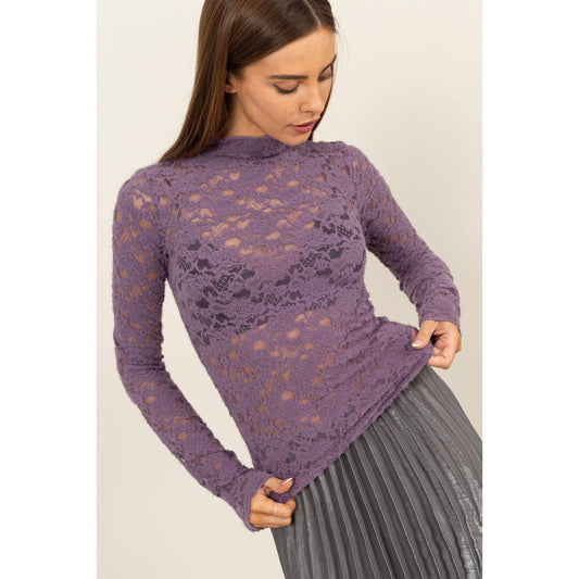 LONG SLEEVE BRUSHED LACE HIGH NECK TOP