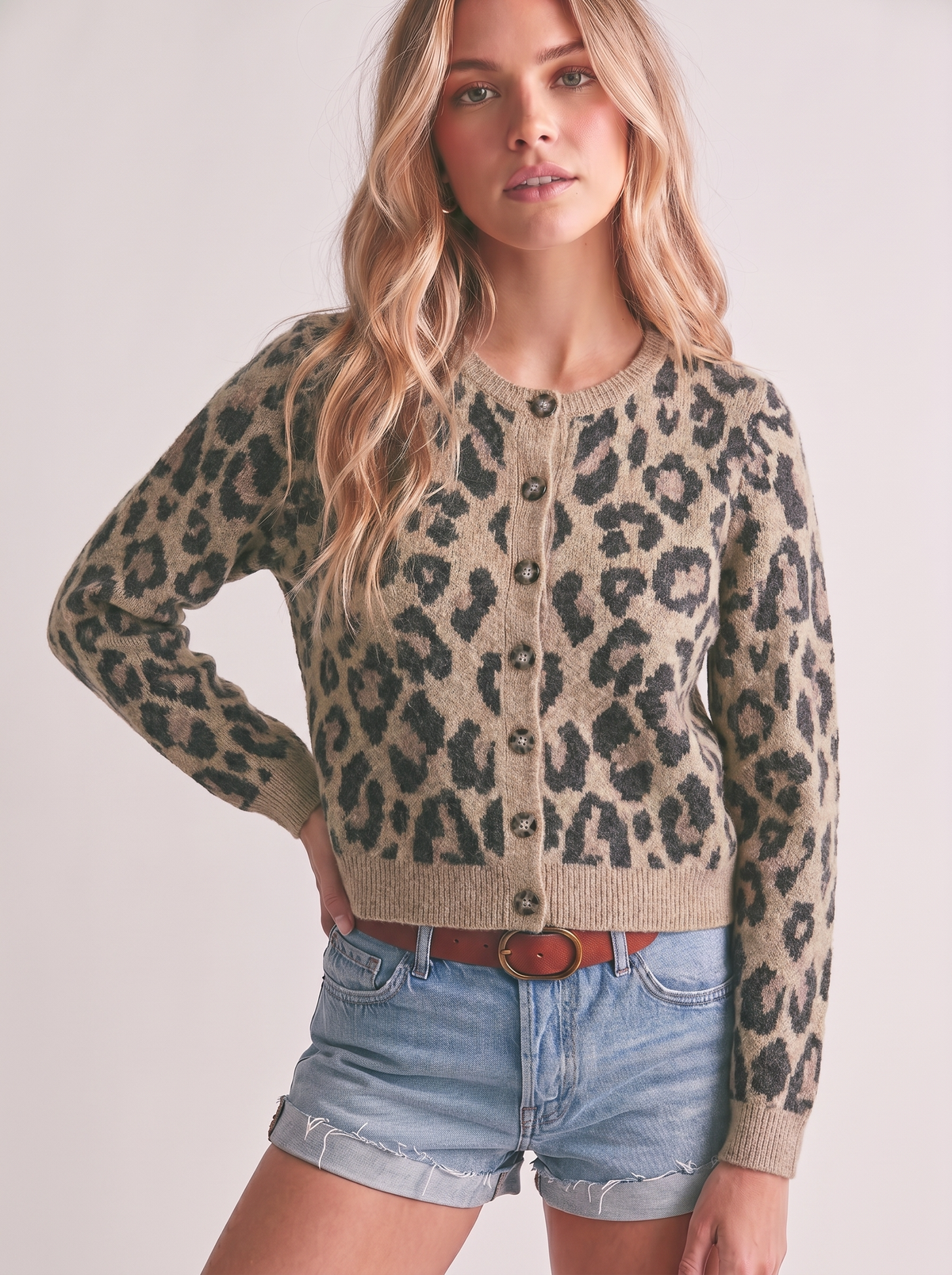 LEOPARD ROUND NECK BUTTON DOWN SHORT CARDIGAN