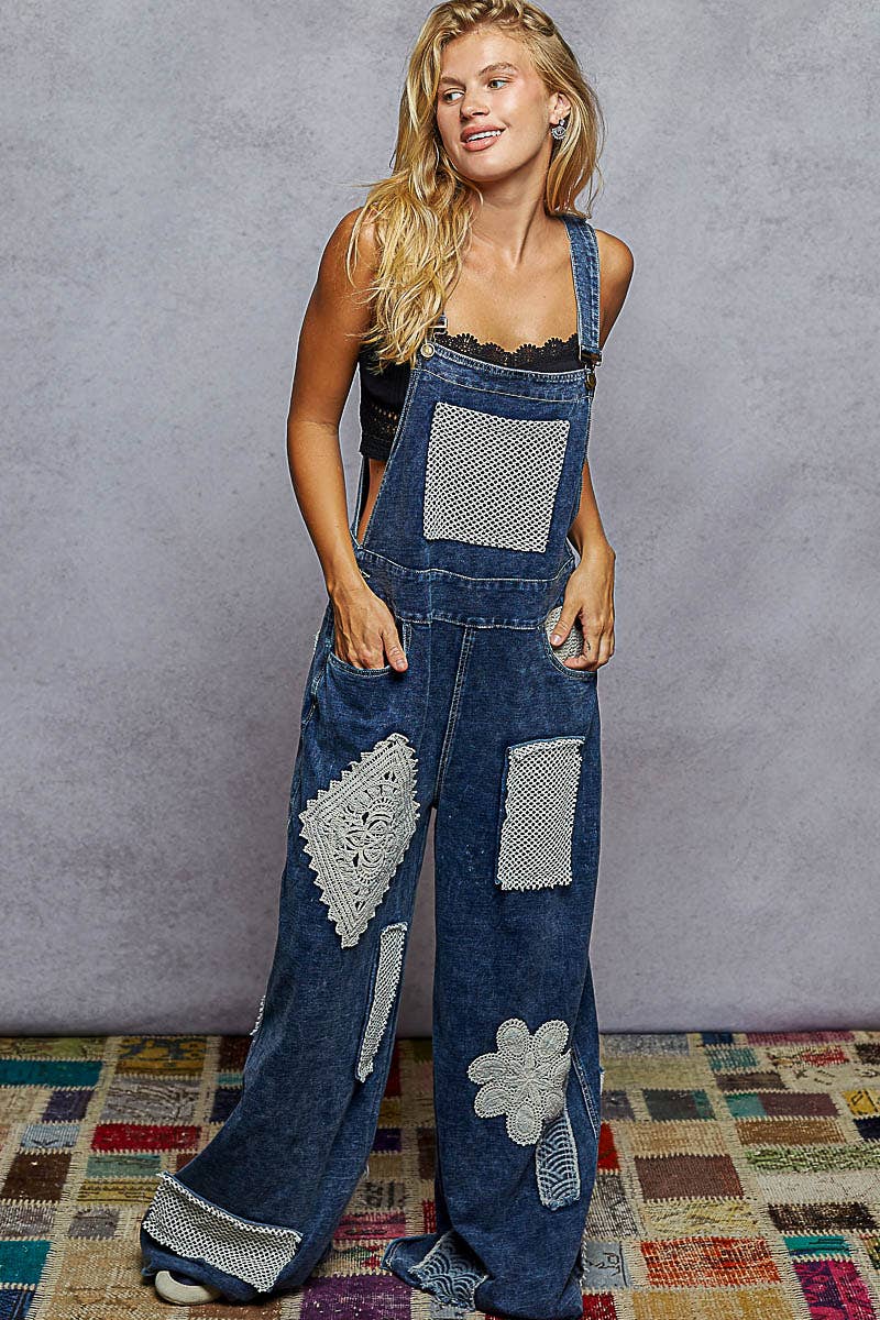 Crochet Contrast Patch Detail Chest Pocket Woven Overalls